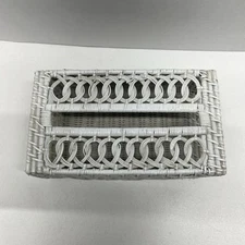 Vintage - Woven Wicker Rattan White Tissue Box Cover 10x5 - Farmhouse Style