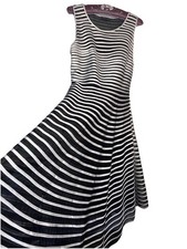 Miss New York Women Small Sheer Black White Striped Flared Tank Lined Midi Dress