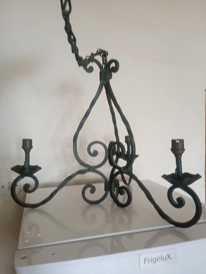 LUSTRE FER Forgé - enroulements & torsades - 3 bras - Chaîne - milieu XXe - Photo 2/4