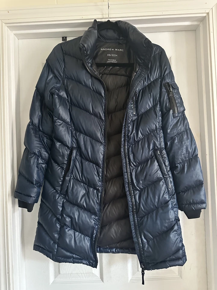 Abrigo Andrew Marc Puffer Mujer XS Azul Marino 650 Plumón Relleno Chaqueta Embalable Foto 4 de 4