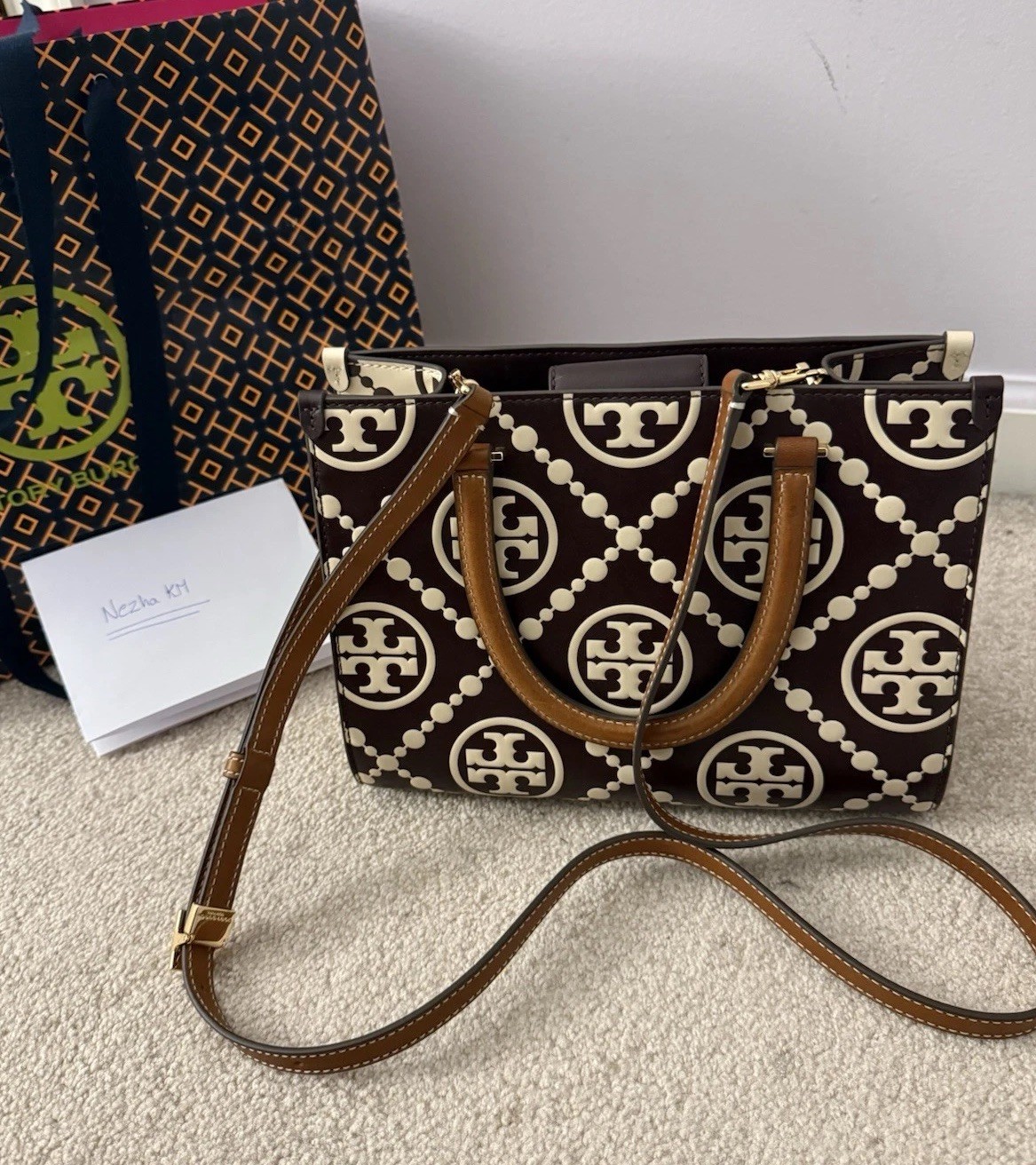 NWT Tory Burch T-Monogram Contrast Embossed Square Tote Marron/New Cream Rare 😍 image 2