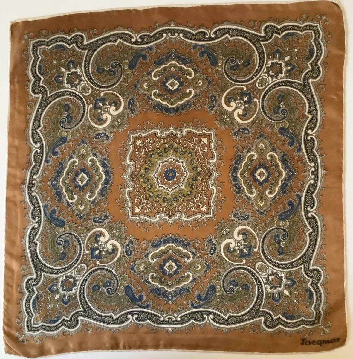 Foulard En Soie Vintage JACQMAR - Dimensions 76x78 Cm - Couleurs Vert, Bleu Sur Fond Blanc - Occasion