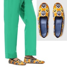 GUCCI SHOES GEOMETRIC G LOGO ORANGE BLUE WHITE SATIN SLIPPER 740 37 7 US