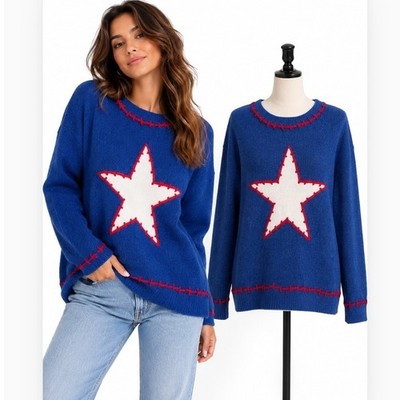 BIBI Sweater Women Large Blue Star Americana Blanket Stitch Crewneck
