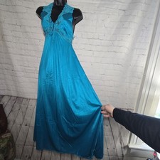 Vtg Teal High Collar Empire Full Sweep Nightgown All Nylon /Lace sz S USA