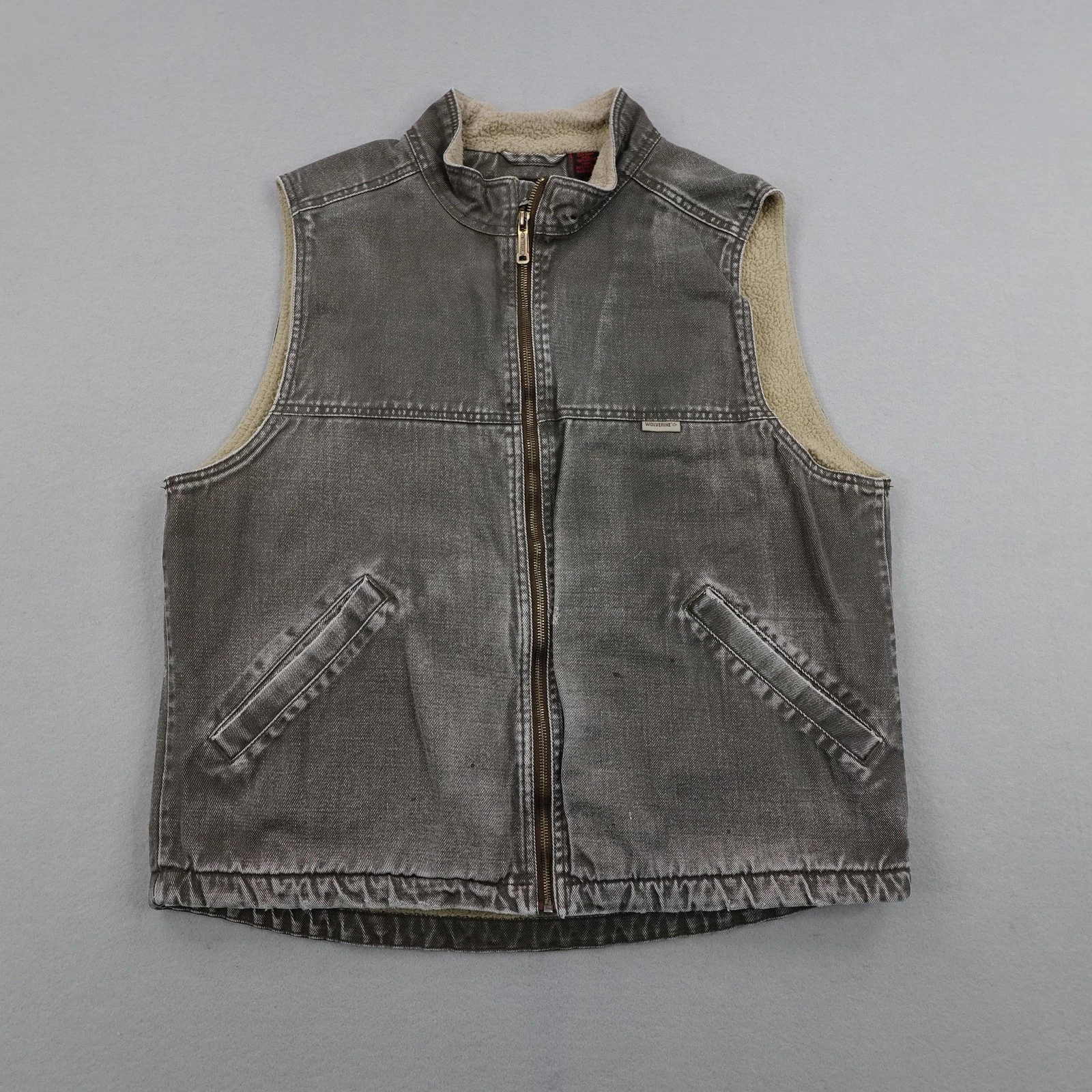 Wolverine Vest Mens Large Gray Denim Sherpa Fleece Lined Work Distressed Zip Up