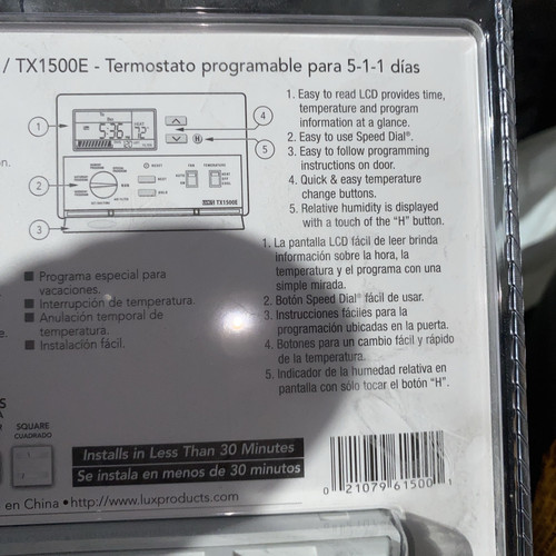 Lux Products TX1500E Smart Temp Programmable Thermostat NOS Edw17 - Picture 4 of 10