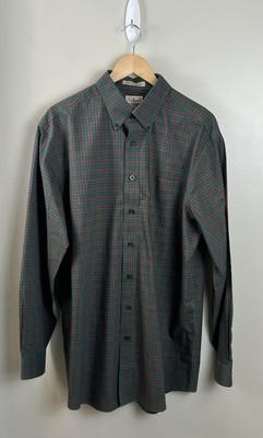 LL Bean Mens Vtg Button Up Lg Tall Green Red Plaid Check Button Pocket Cotton