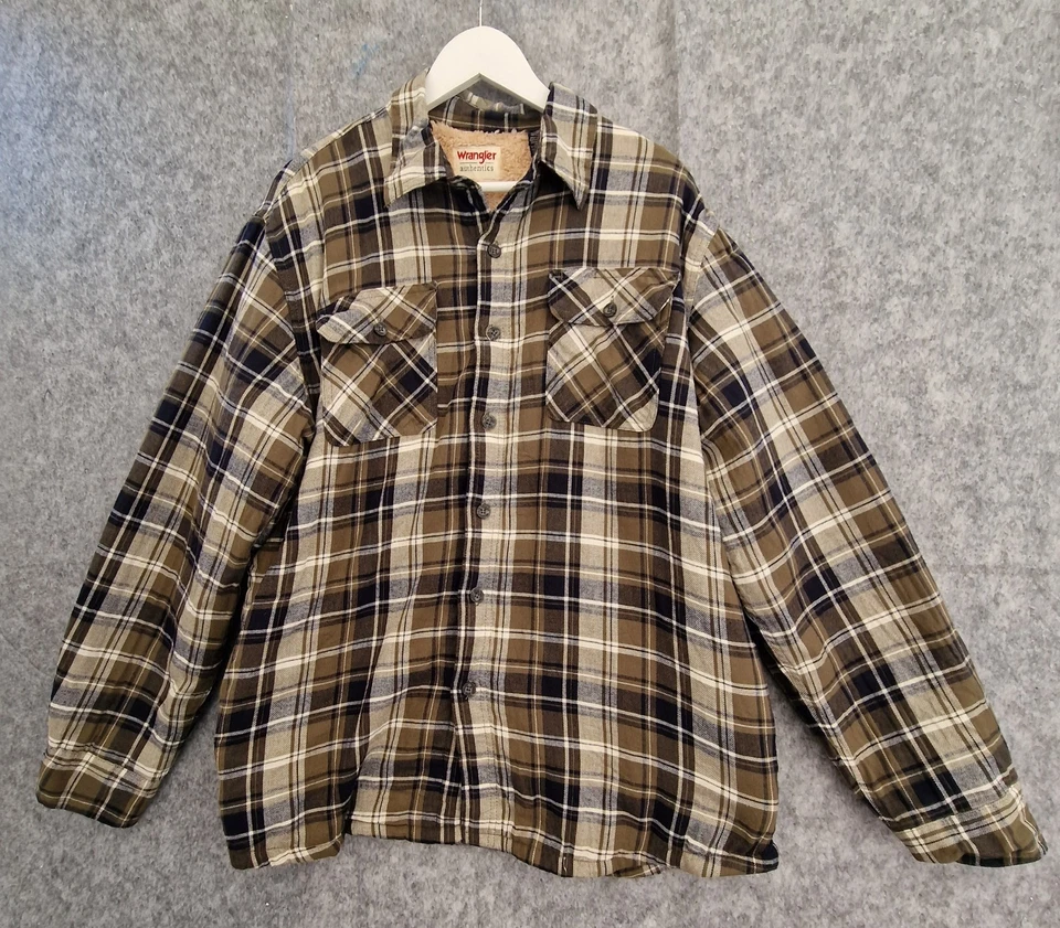 WRANGLER Sherpa Shirt Plaid Flannel Lined Worker Outdoor Green Shacket Men L - Image 2 of 4