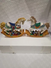 Hand Painted Rocking Horse Figurine Set Of 2