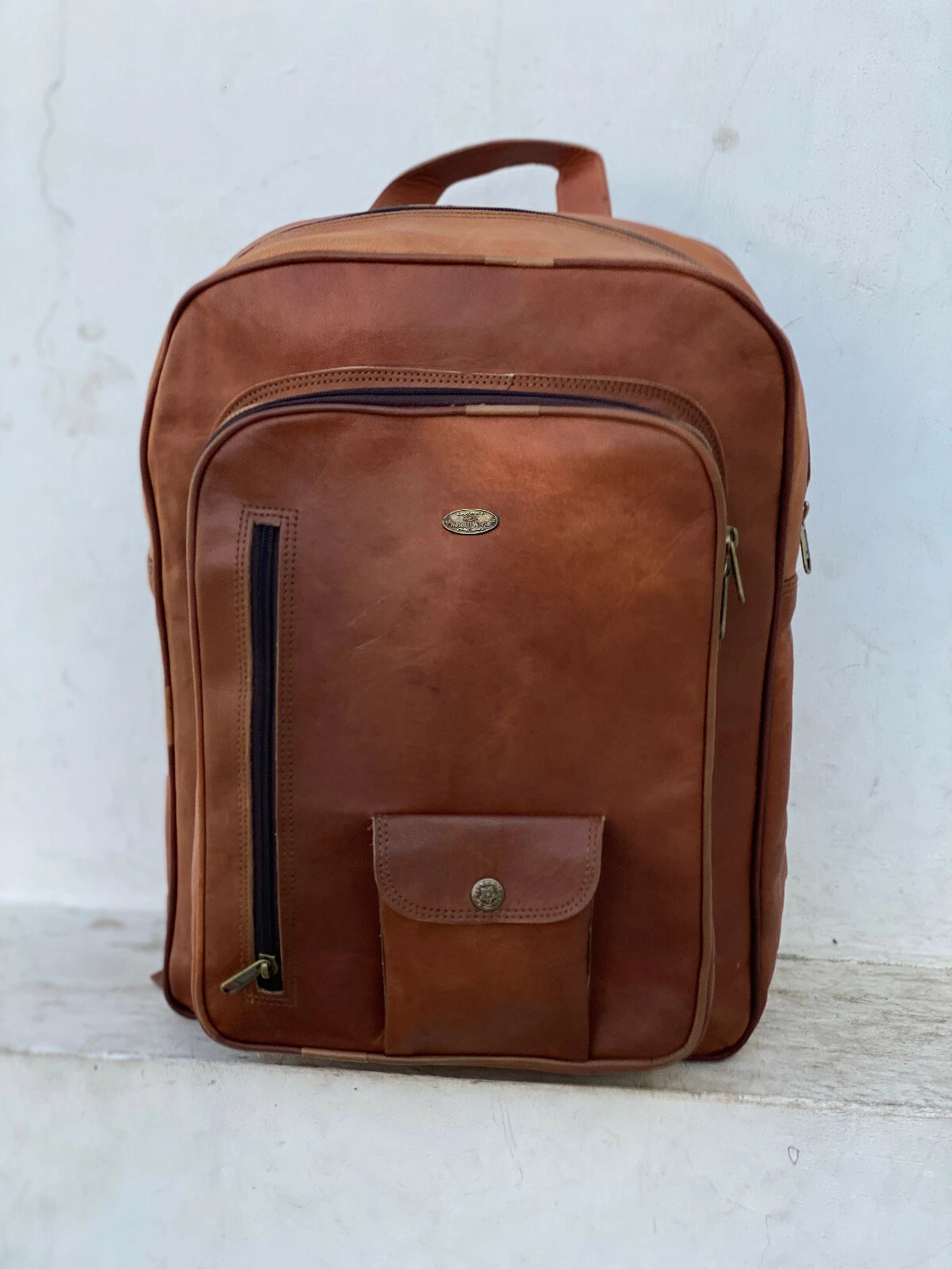 16" Men Vintage Leather Laptop Multipurpos Backpack Shoulder Sling Rucksack Bag