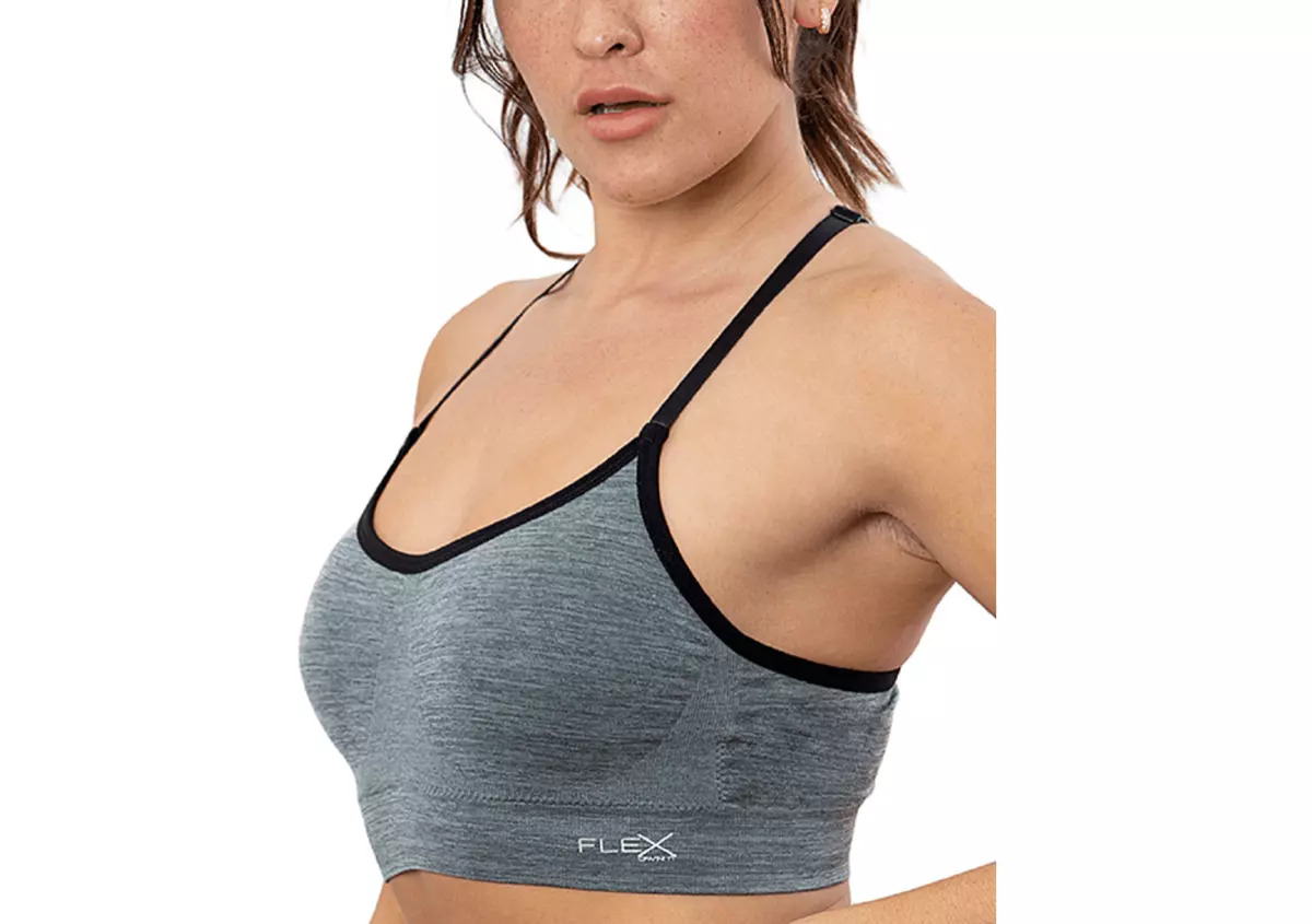 FLEX Own It Racerback Sports Bra - Heather Gray, Black Trim, S