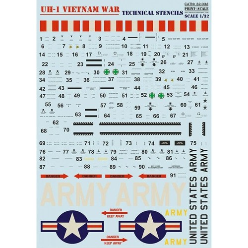Decalcomania 1:32 UH-1 Ambulanza Aerea Guerra Vietnam + Stampa Stencil Tecnici Scala 32-031 - Foto 2 di 24
