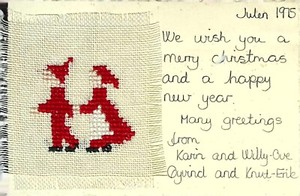 Vintage 1975 Handmade Scandinavian Christmas Card – Embroidered Santa Design