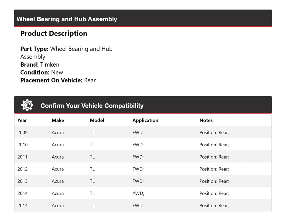 Conjunto de cojinete de rueda y buje trasero Timken 2010 2011 2012 para Acura TL 2009-2014 Foto 2 de 4