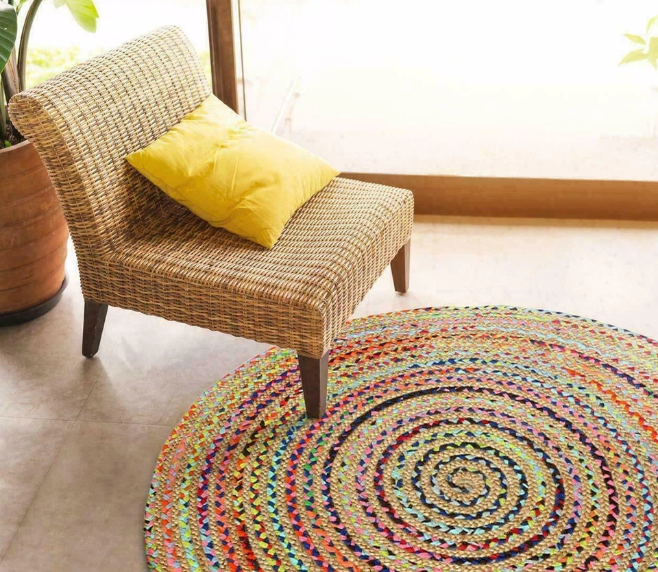 Rug Jute & Cotton Handmade Reversible Round  Area Rug Rustic Look Modern Rug - Image 2 of 4