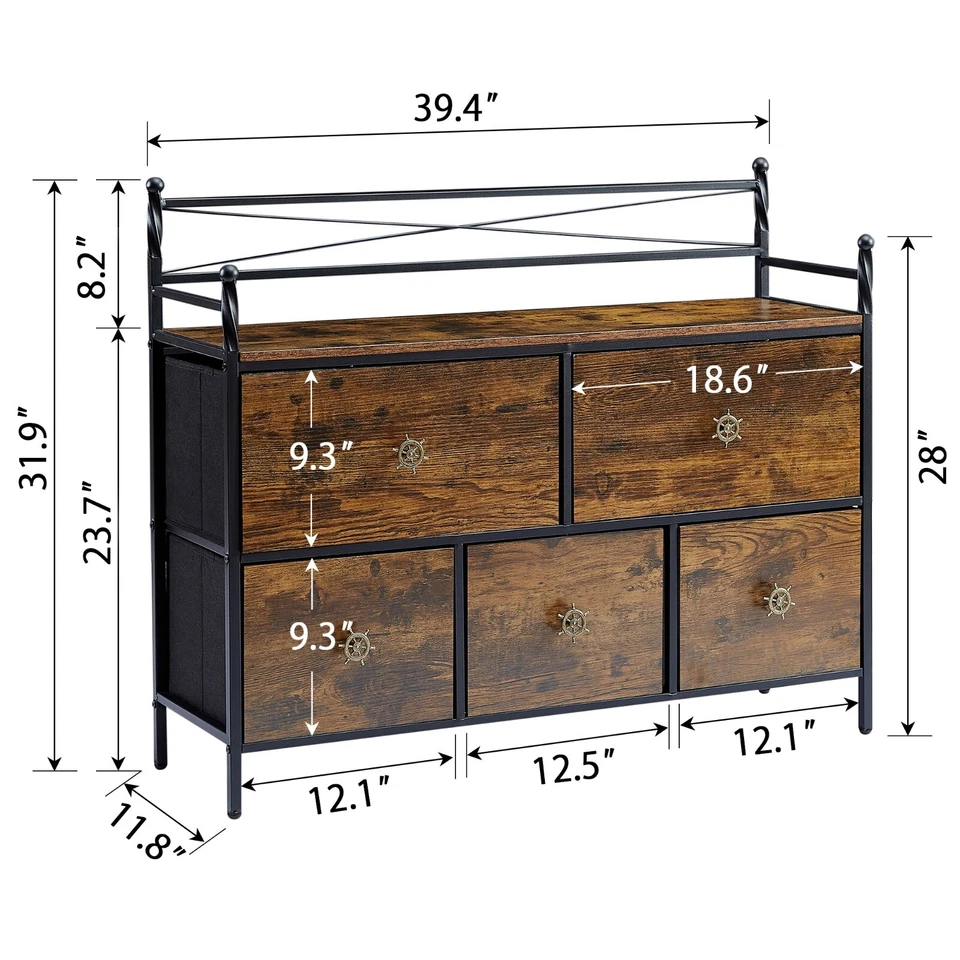 Chest of Drawers with 5 Cloth Drawers for Bedroom Living Room Storage Wooden Top - Image 3 of 4