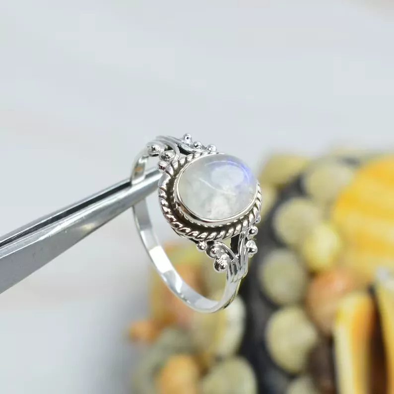 SS Rainbow Moonstone w Halo Ring - Gold Creations