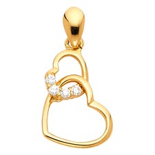 Yellow Gold Two Hearts CZ SMALL Tiny Charm Pendant Womens For Necklace Or Chain