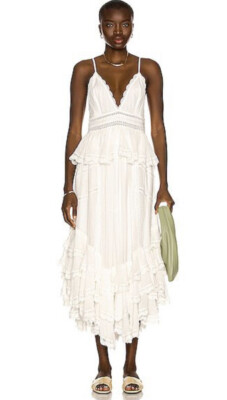 Free People Rococo Sand Mia Emi Long V Neck Lace Trim Peplum Maxi Dress XXS  | eBay