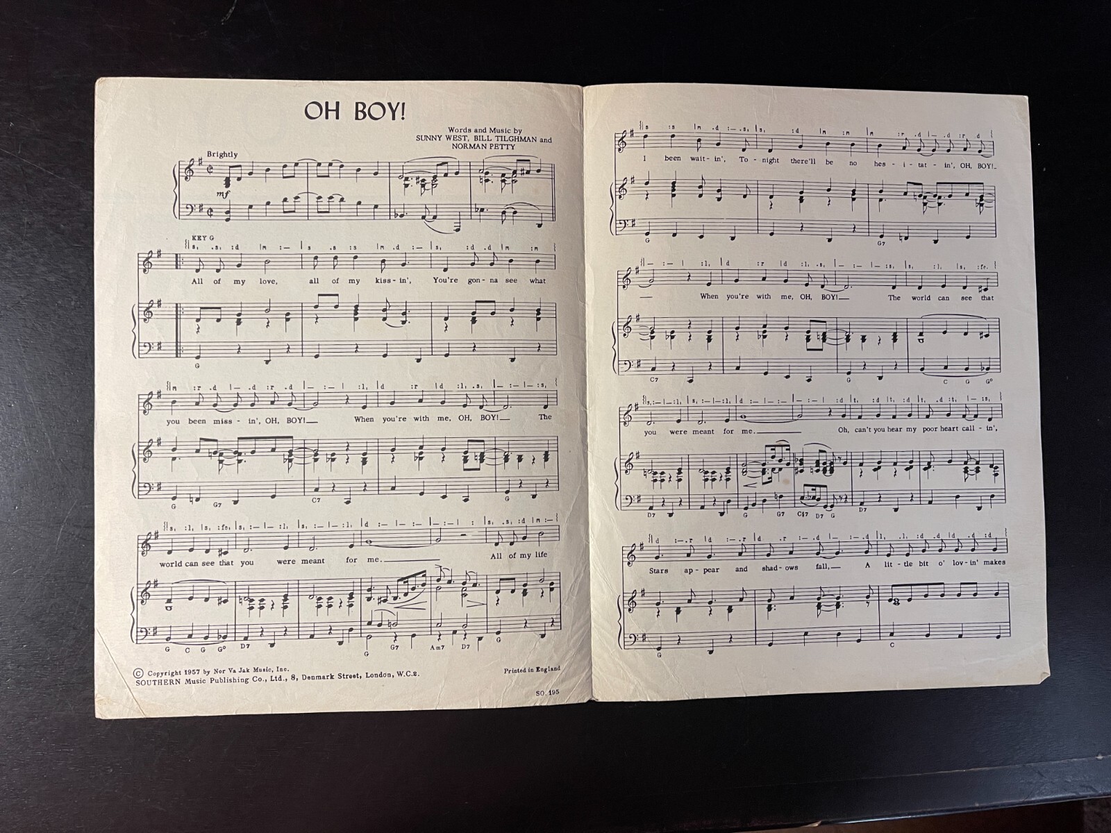 BUDDY HOLLY   Oh Boy    Vintage Original 1957 Sheet Music CORAL RECORDS 3851