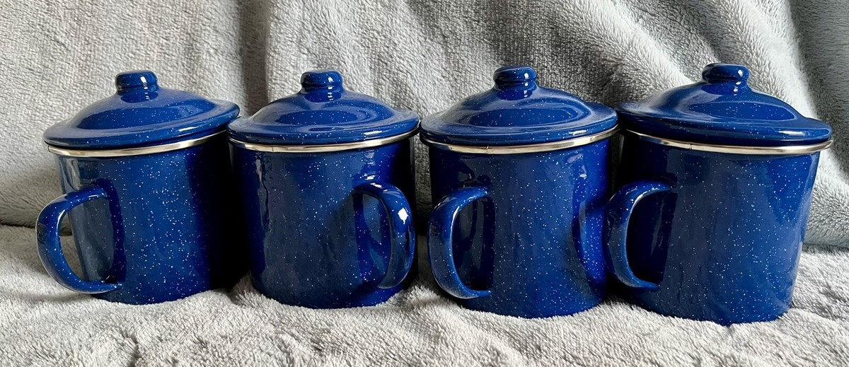 Marlboro Mess Kit Camp Set Cups And Lids Blue Splatter Enamel On
