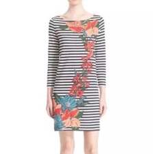 Tory Burch Cascading Flowers Short Dress Black White Stripe Orange Red Floral M