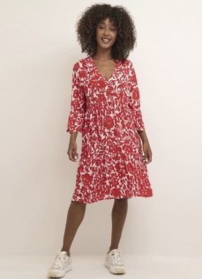 KAFFE Ellen 3/4 Sleeve Dress red/white abstract tiered skirt size EU40 UK 14/16 