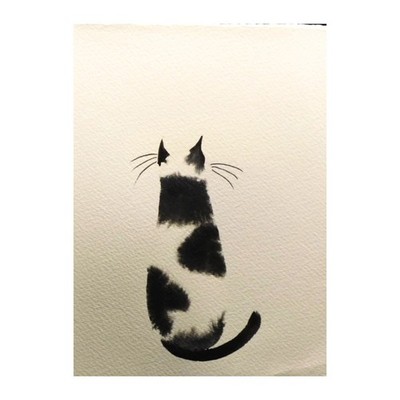 Original Naive Folk Art Tuxedo Cat Alone Time Minimalist Potocki 5.5x7.5