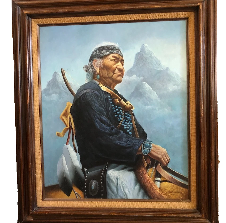 Pintura Original Enmarcada al Óleo Firmada por Z. García Jefe Nativo Americano a Caballo Foto 3 de 4