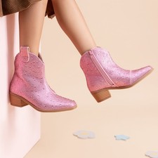 Girls Western Boots Cowgirl Rhinestone Boots Ankle Low Heel Dress Booties US