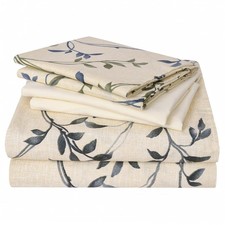 6 Piece Rustic Leaves Printed Sheet Set King Size, Soft Botanical Pattern Microf