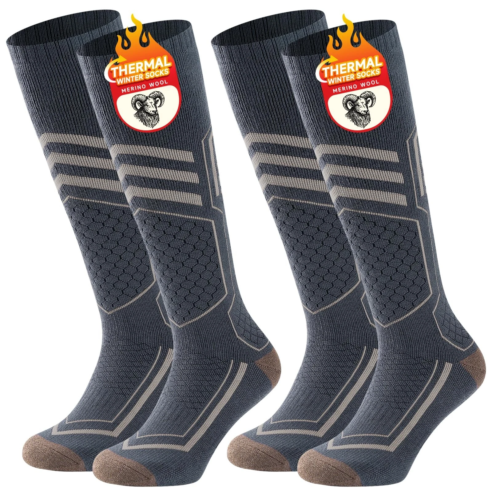 TANSTC Merino Wool Thermal Ski Socks 2 Pairs Pack for Skiing 12-15, Gery