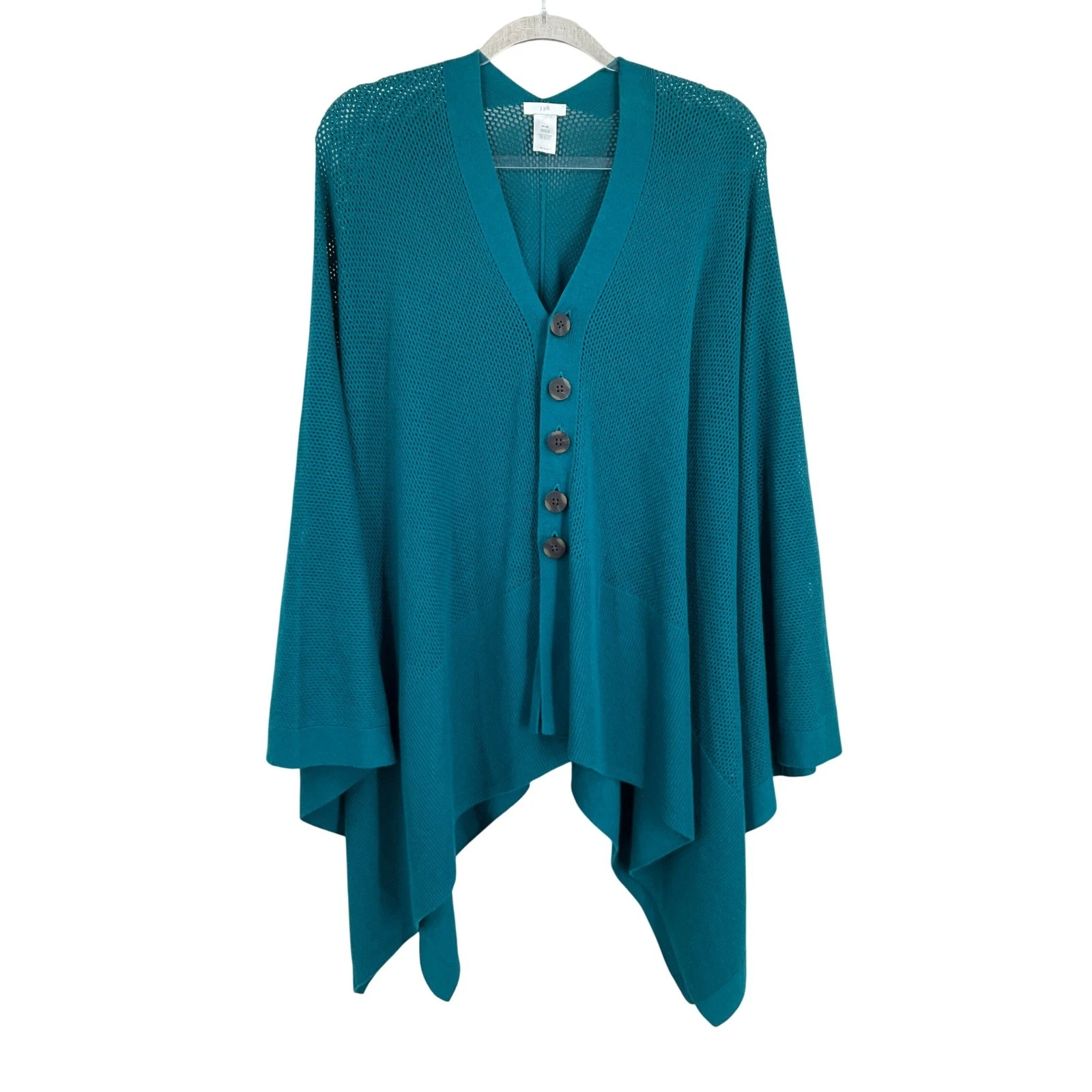 J.Jill Poncho Sweater Womens XL-3X Teal Cotton Wool Pointelle Draped Button Boho