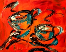 CUPS TEA    IMPRESSIONIST RED ORIGINAL OIL  PAINTING  CANADIAN I86ef