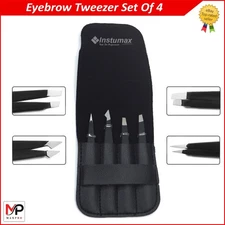 Tweezer Guru 4-Piece Tweezers Set Stainless Steel Slant & Point Tip Eyebrow Hair