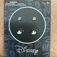 Cute Pair Set of 2 Silver Tone Disney Mickey Mouse Pink Crystal Stud Earrings