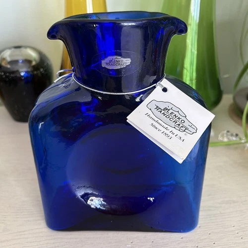 Blenko Glass Double Spout Water Bottle Pitcher Cobalt Blue 8 Inch Label & Signed