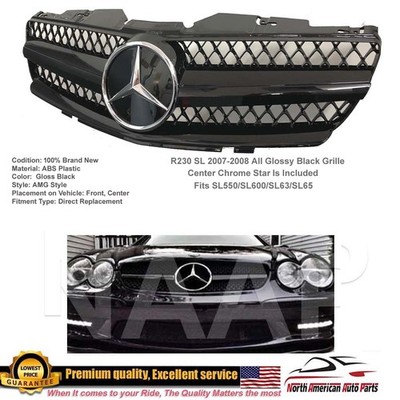 R230 SL550 SL63 SL600 Grille Grill Gloss All Black 2007 2008 With Chrome Star