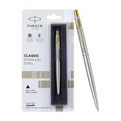 Parker Classic Stainless Steel Gold Trim Blue Ink Ballpoint Pen (Pack Of 1) FS