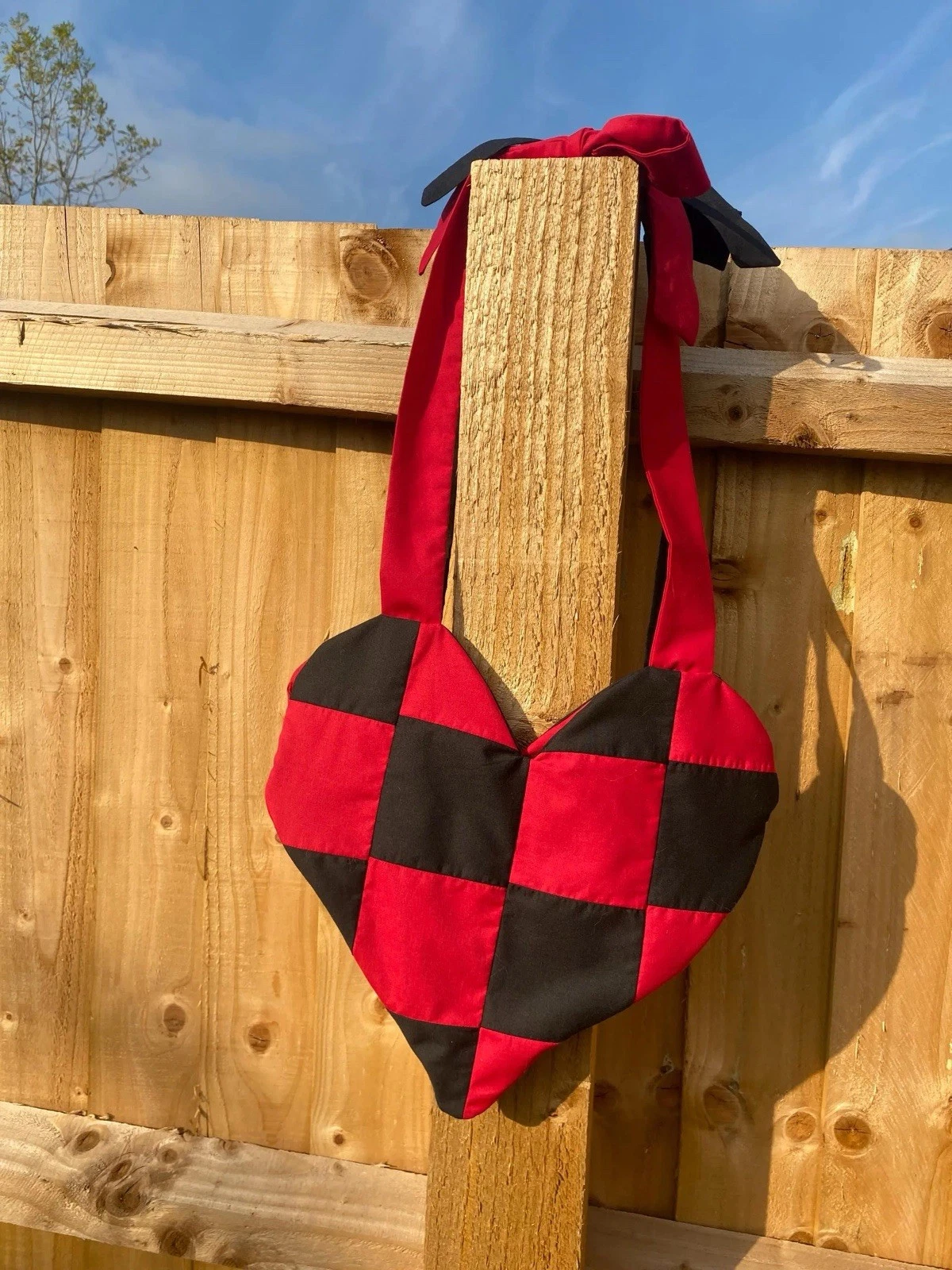 Red/Black Checkered cotton Heart Shoulder Bag, Bow, Detachable Adjustable Strap