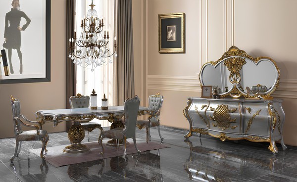 Esszimmer Garnitur Essecke Esstisch StüHle Holz Set 9Tlg Grau Barock-image