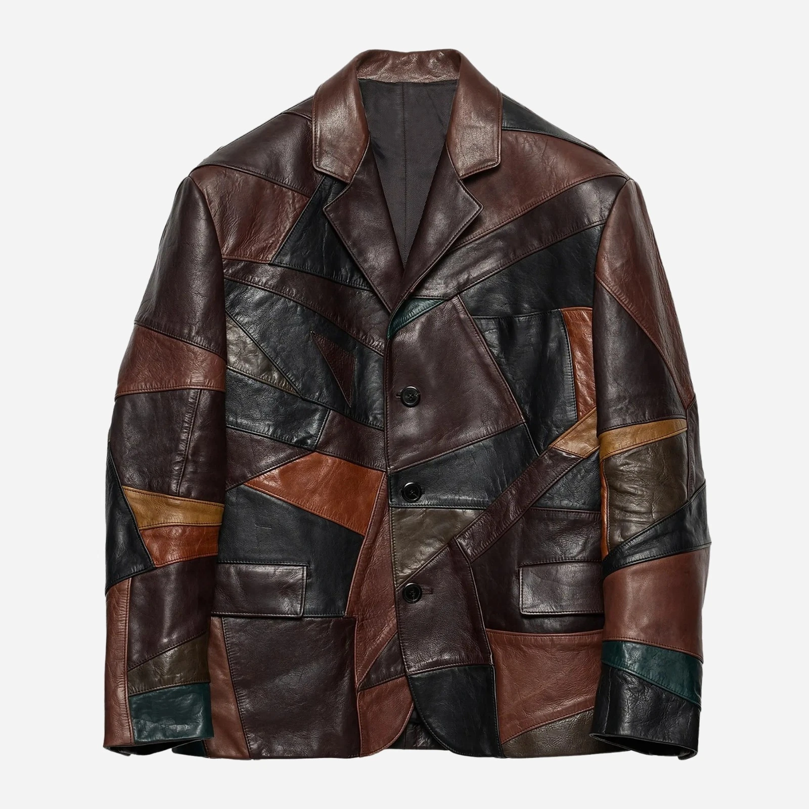 Men Lambskin Patchwork Leather Blazer Multicolor Oversized Geometric Jacket