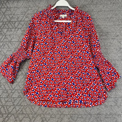 Jade Melody Tam Women's Red Blue Print Long Sleeve Blouse - Size M