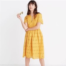 Madewell 4 yellow eyelet scalloped hem dress 100% cotton bohemian boho mustard