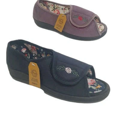 JO & JOE Damen-Slipper bestickt offene Zehenpartie breite Passform Touch-Verschluss Riemen Schuhgröße