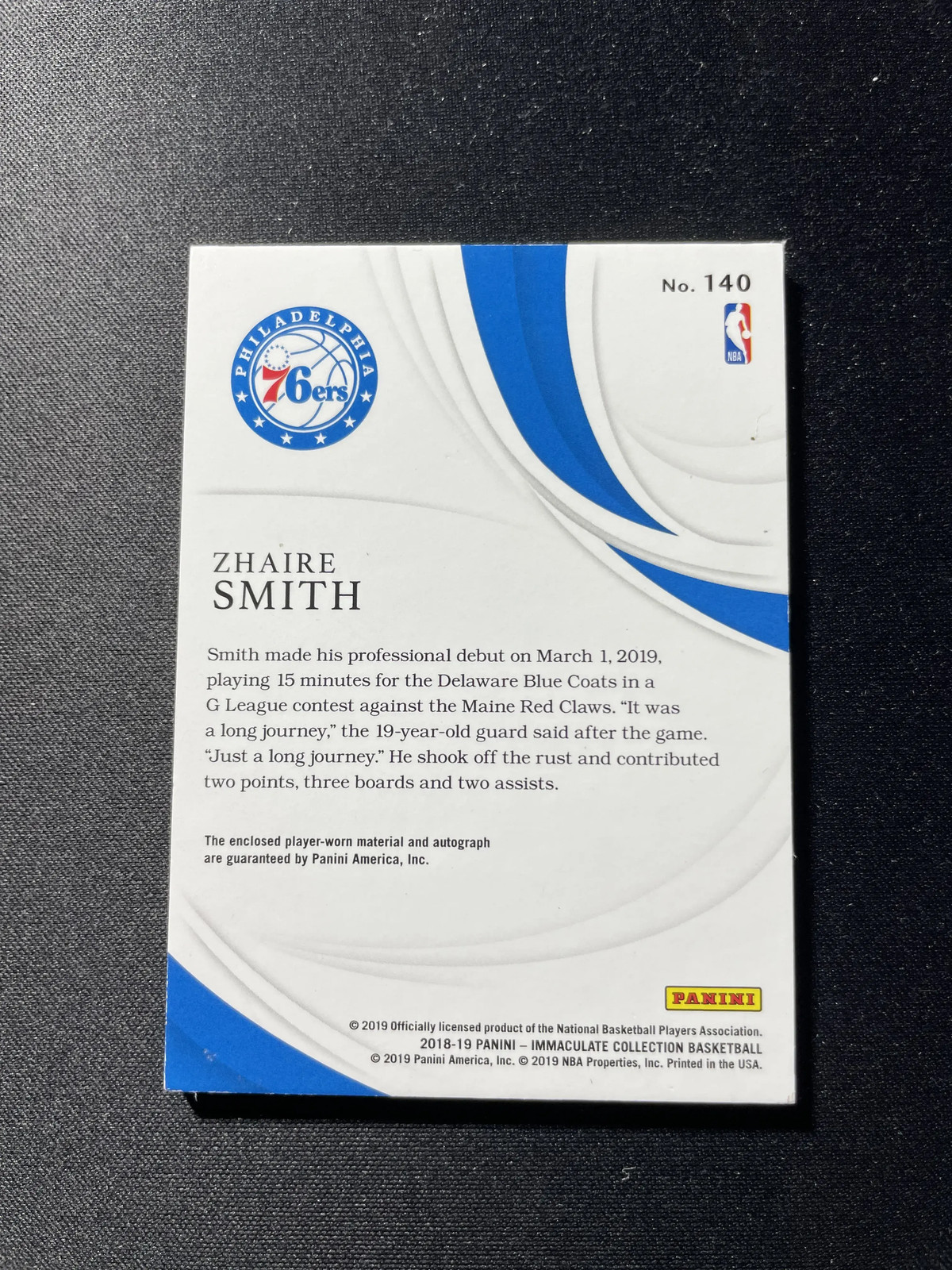 2018-19 Panini Immaculate Zhaire Smith RC Patch Auto RPA Jersey Number 8/8 XV44 view 2