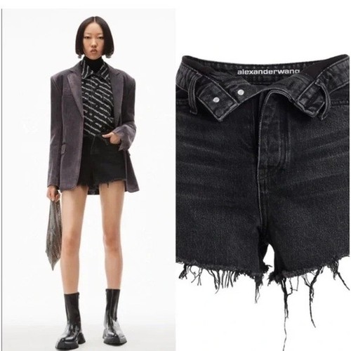 Alexander Wang Bite Foldover Frayed Denim Shorts Faded Black Grey Aged Size 24 - Picture 1 of 14