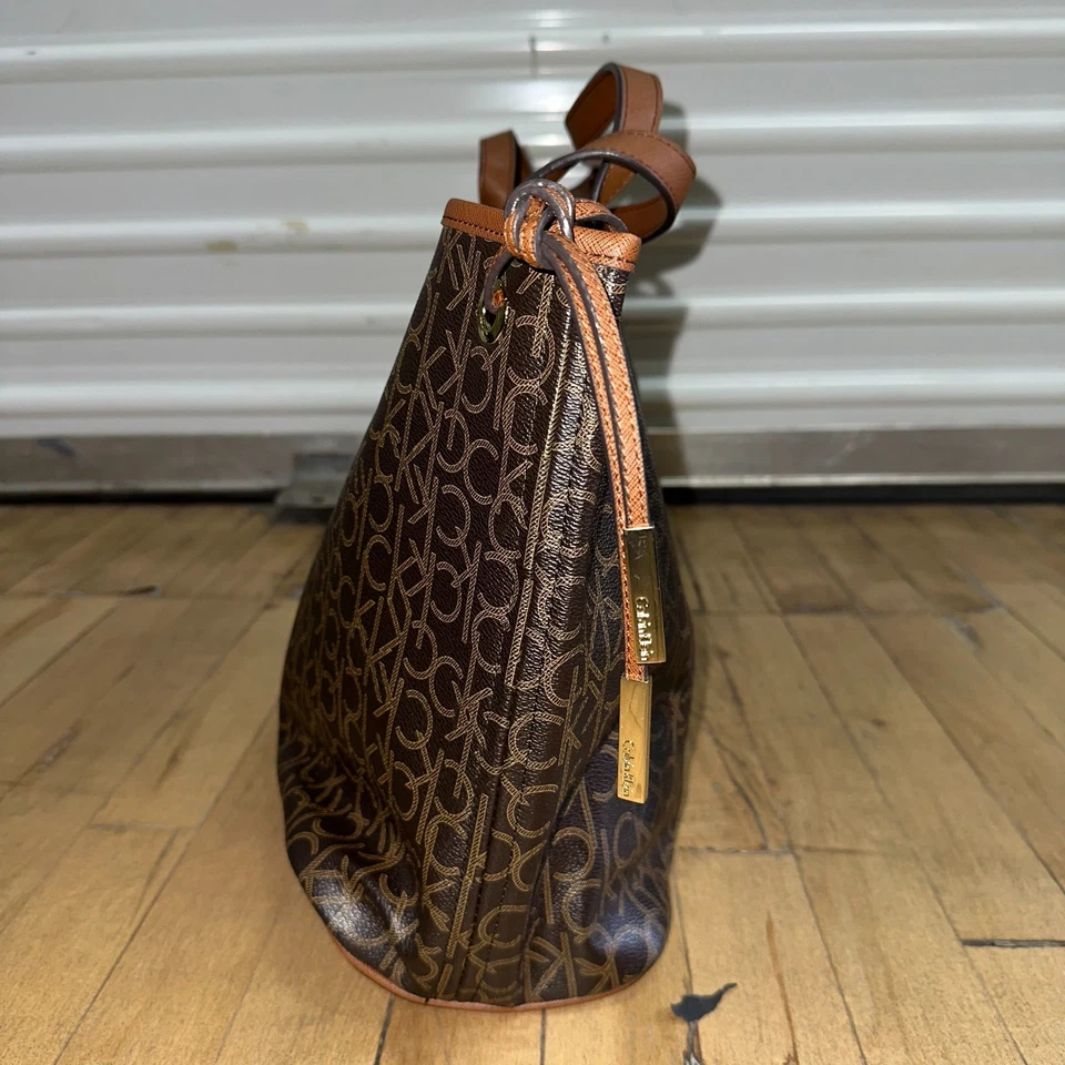 Calvin Klein Tote Bag Women's Brown Beige Embossed Monogram Dual Top Handle - Image 4 of 4