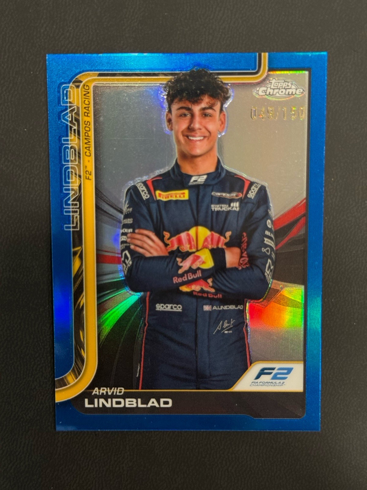 2025 Topps Chrome Formula 1 Arvid Lindblad #23 F2 Blue Refractor /150